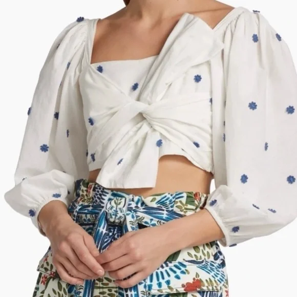 FARM Rio White and Blue Puff Sleeve Crop Top - Picture 1 of 9